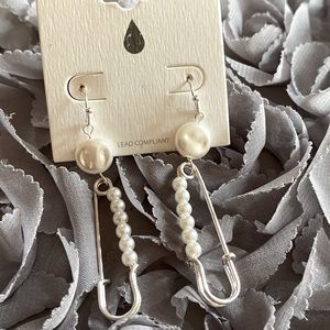 Silver Pearl Safety Pin Teardrop Earrings